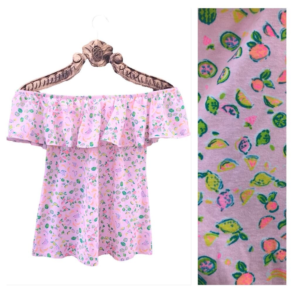 Lilly Pulitzer Fruit Slice Print Flounce Off the Shoulder Casual Top Pink XS